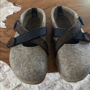 Haflinger Tan and Black Felt Mules with Button Straps
